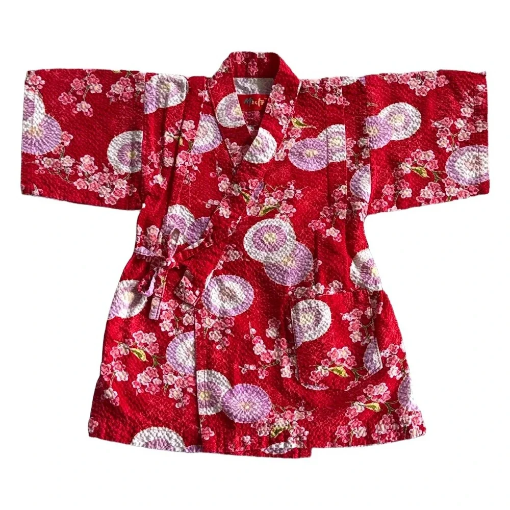Kids Red Jinbei Kimono Set Cherry Blossom Parasol Seersucker 2pc Size 100 3-4Y
